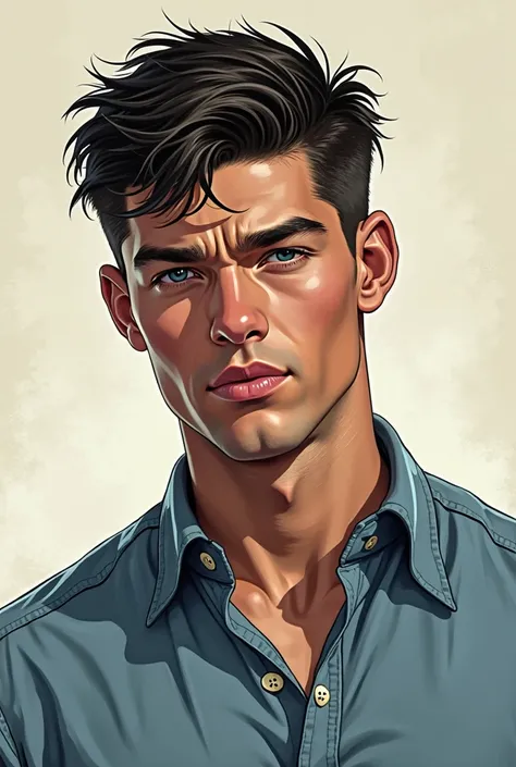 Graphic novel n of Musscular 18 year old boy short black hair  blue eyes Billy Hinkel wearing button down  shirt  senior picture art in the style of Alex Ross 