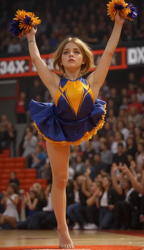 A young girl performing a cheerleading dance, holding an I-shaped balance pose in the air, (18 year old girl), ((Highest quality)), ((masterpiece)), (detailed), ((very detailed face)), High resolution photograph, Good light, (realistic photo shoot:1.1), (B...