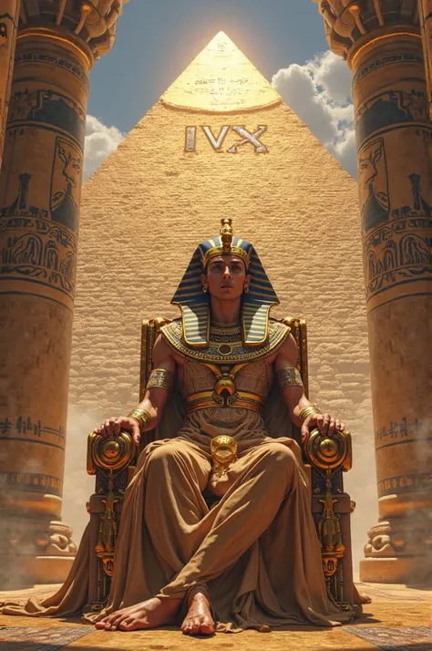 A man dressed as a pharaoh sits on a golden chair with his beloved next to him and behind a pyramid with his name IVX written on it