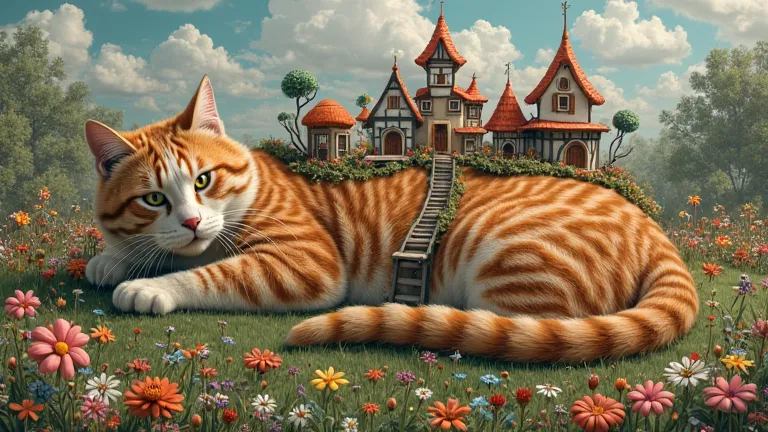 Imagine a giant cat lying in the middle of a garden. on his back, there is a small town surrounded by colorful flowers. Buildings made of wood and fabric, with bridges of threads connecting the houses.