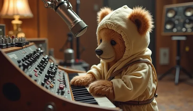 A highly realistic, ultra-detailed image of an adorable baby bear dressed as a ninja, playing a vintage synthesizer in a retro-futuristic 1950s recording studio. The bear’s fluffy fur is rendered in stunning high quality, with each strand visible, giving i...