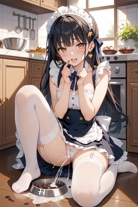 Beautiful girl maid with long black hair wearing a white garter belt, white stockings, and white panties、Stand on your knees in the kitchen and open your legs、A beautiful girl climaxes sexually squirting from the top of a metal bowl containing melted choco...