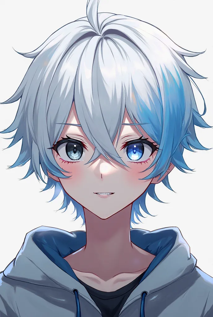 Anime boy with white hair with light blue tufts and one eye black and white and the other inverted, smiling slightly with fangs. 