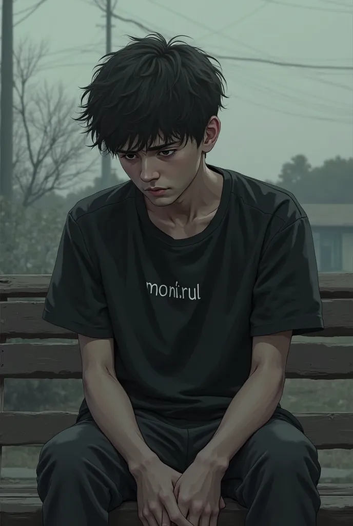 A 20-year-old boy sitting on the bench wearing a black t-shirt with the name "Monjirul" written on the t-shirt looking depressed