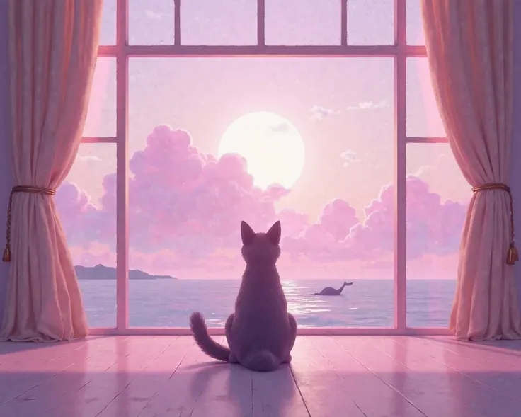  High quality image, Gata negra, of the back, In the interior shades of lilac, looking towards the French glass window, outside sky with pink clouds, A whale silhouette in the sky,  colors lilac and pink with beige, shining, Style 2d,  animated, smooth, pa...