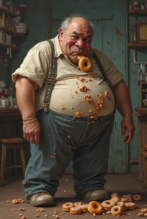 The fat man has lost his donuts and is slowly eating up the leftovers