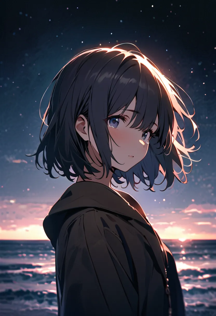 (非常に exhaustiveなCGユニティ8kの壁紙), Beach at night，(( top quality)), (( masterpiece)), (  exhaustive),A young woman standing alone on a dim seaside。  sideways 、 crying、The moonlight in the background is blurry、 Reminiscent of a dreamy afterimage 。 melancholy exp...