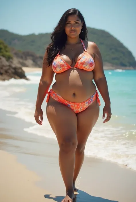 Fat girl walks on the beach in a bikini, she has big breasts and a huge ass