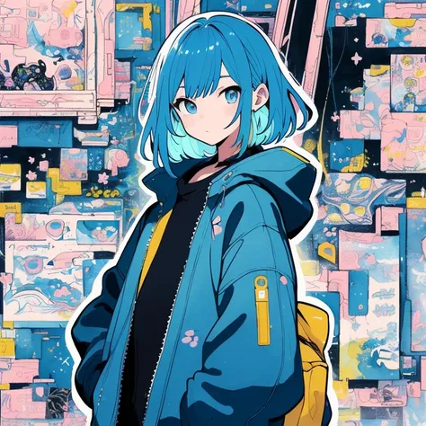 (pastel color:1.5)、(Illustration Cool with blue hair and a colorful jacket surrounded by lots of things :1.5)、( watercolor:1.2)、1 Youthful Body Lesbian、  anime girl with long white hair,  detailed anime art ワーク,  trending anime artwork inspired by Yumihiko...