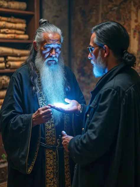 Master Tich, an Asian elder with a long beard and serene expression, dressed in flowing dark robes with golden accents, places his hand on a mystical glowing rope. The rope emits a soft blue light, illuminating his face with an ethereal glow. young europe ...