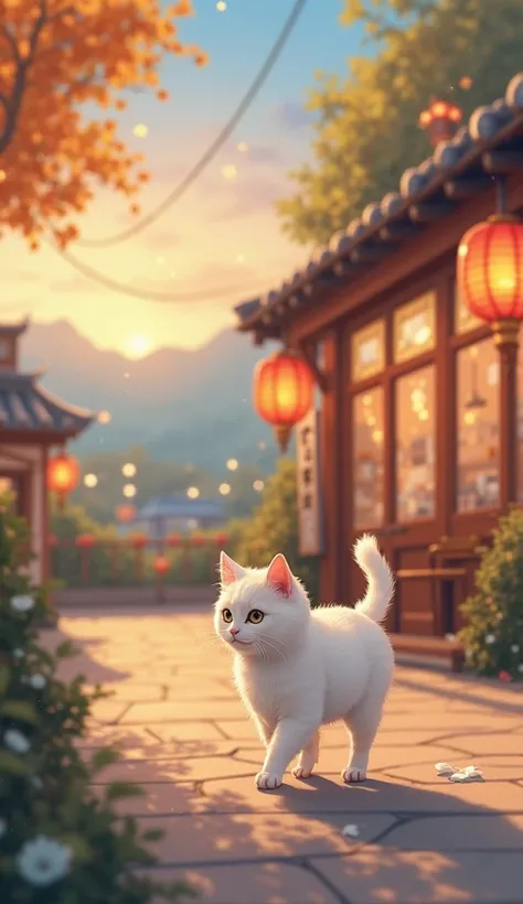 Anime-Style, Small thin white cat, walking from left side to right side of the view, the restaurant is background, At dawn