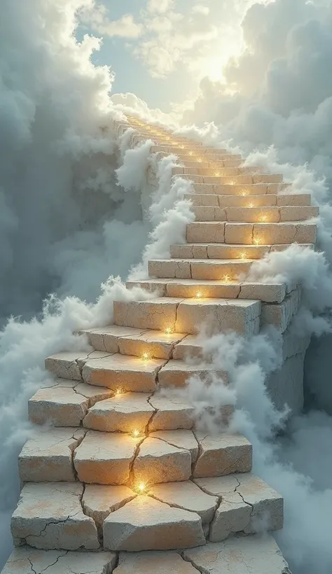 A majestic, curved staircase composed of luminescent, ethereal stone steps appears to defy gravity, ascending into a soft, white cloud bank, as if bridging the mortal realm with the celestial. Weathered and worn, some steps are cracked, fragmented, or miss...