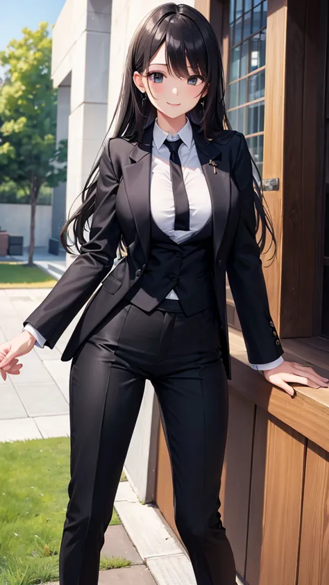 sexy older sister wearing white cutter shirt　　 　　I'm wearing a black tie　black suit pants　A radiant smile　 High Resolution　 high image quality