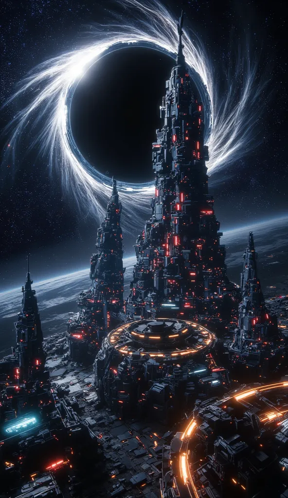 "A futuristic city glowing with neon lights, towering skyscrapers, and advanced technology, floating in the vastness of space. Countless stars twinkle around, creating a breathtaking cosmic view. In the distance, a massive black hole swirls with an intense...