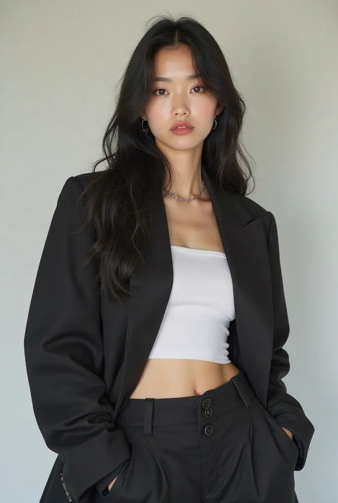 a real life image of a beautiful skinny Korean young woman with big eyes and long black hair posing non-chalantly at a photo shoot wearing an oversized suit jacket with oversized pants and a white crop-top