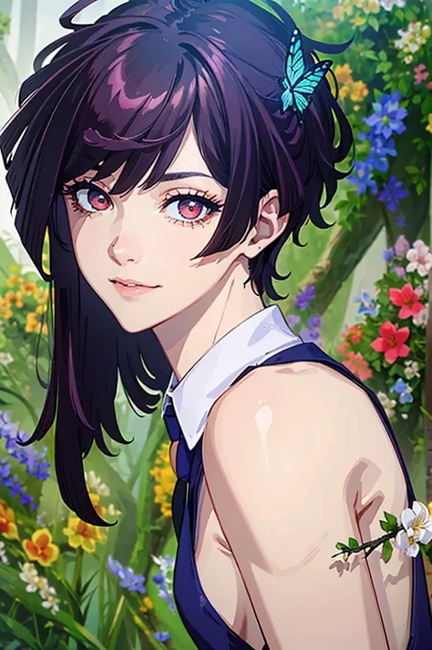 A beautiful young man with cat eyes like a woman、 very short black hair 、Light blue dress shirt、 Yellow Necktie 、Full Body Image、Seaside scenery with blooming flowers and dancing butterflies