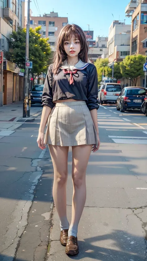 a beautiful 18 year old Japanese high school girl with perfect anatomy, healthy thighs, beautiful legs, beautiful skin, random hair color and style, large breasts, (wearing a Japanese schoolgirl uniform:1.3), (she is standing:1.2), penny loafers, holding a...