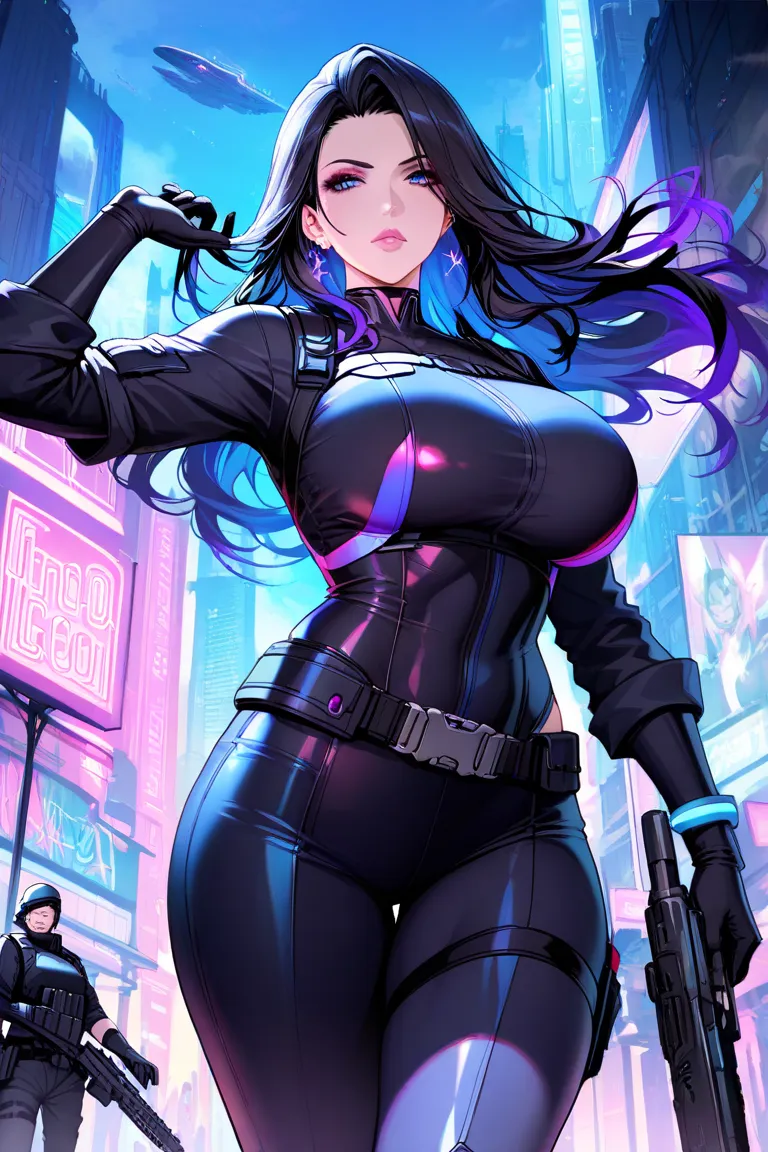 A full-body of a stunning cold expression female soldier in a cyberpunk setting carrying a futuristic gun. She wears high-tech, tactical soldier attire fitted for a futuristic battlefield, featuring sleek armored plating with glowing neon blue and purple a...