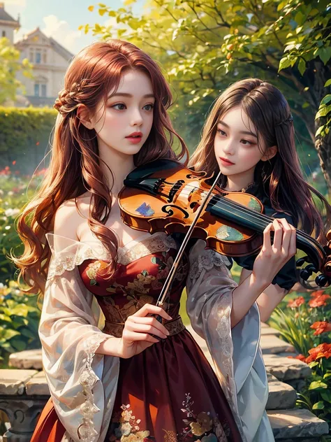  girls on the left, Maroon hair in the middle, wavy hair,  no bangs ,  beauty、She is wearing a floral dress、美しい girls on the left, detailed eyes, detailed faces,  detailed hands, She's playing the violin. She's standing. The background is a garden、