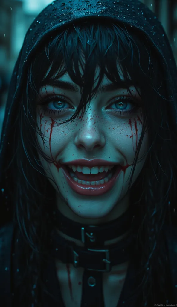 A close-up shot of a psychotic, grinning yandere nun, her face partially obscured by dark, wet strands of hair. Her pale skin contrasts sharply with the shadows, and her eyes glisten with a disturbing, unhinged gleam. The rain drips down her face, enhancin...