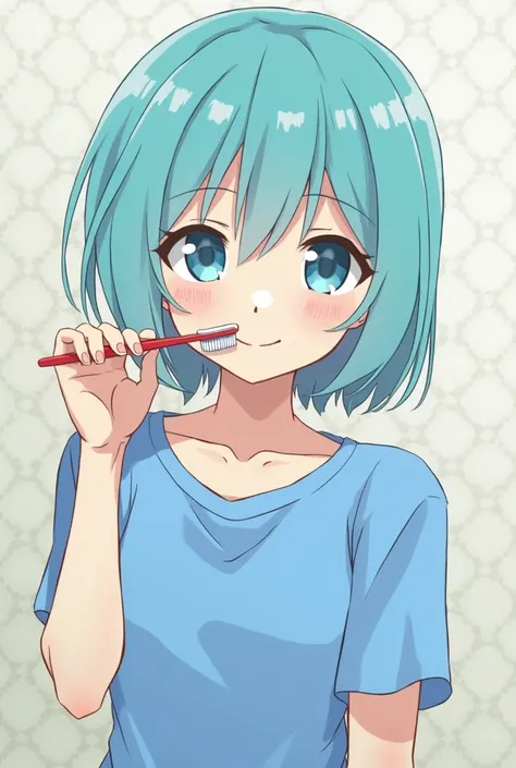 anime girl with blue hair and blue shirt holding a toothbrush, 2 d anime style, 2 d anime, top rated on pixiv, rem rezero, hatsune miku short hair, anime moe artstyle, mikudayo, , anime girl with teal hair, popular on pixiv, by Kentaro Miura, hatsune miku,...