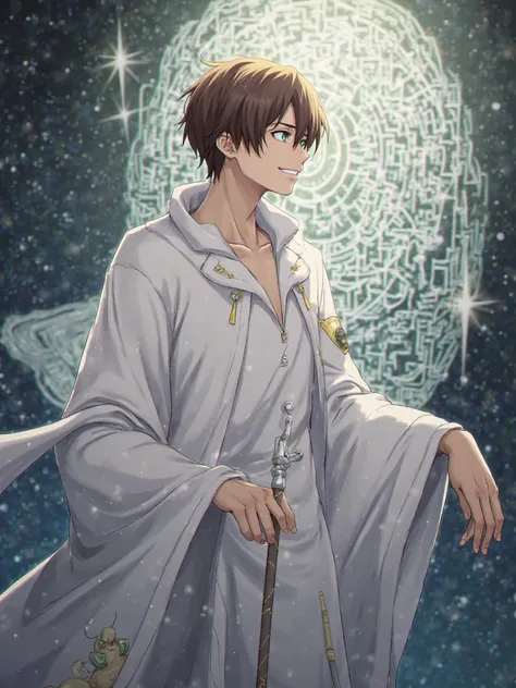 1 man、shortcut, brown hair,  bangs between your eyes, droopy eyes, green eye, smile,  anime,  anime風,  1 long magic wand ,white cane,A cane with a jewel on the tip, white robe, Broom,Overlooking, Inside the labyrinth,I don't have a broom 