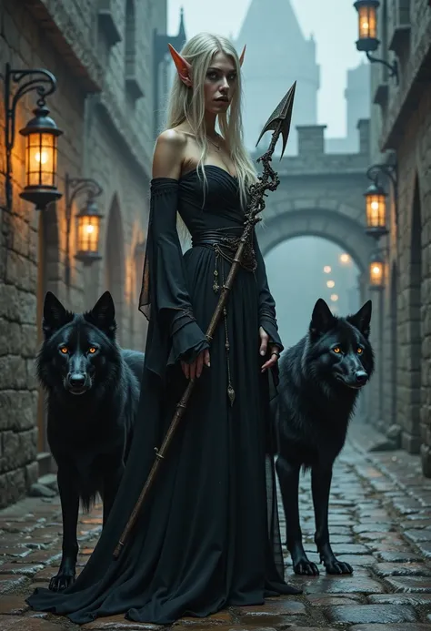 The image portrays a mysterious and imposing female elf standing in a foggy medieval street. Her sharp features, pointed ears, and intense gaze emphasize her mystical and otherworldly nature. She is dressed in a long, flowing black gown with off-shoulder s...