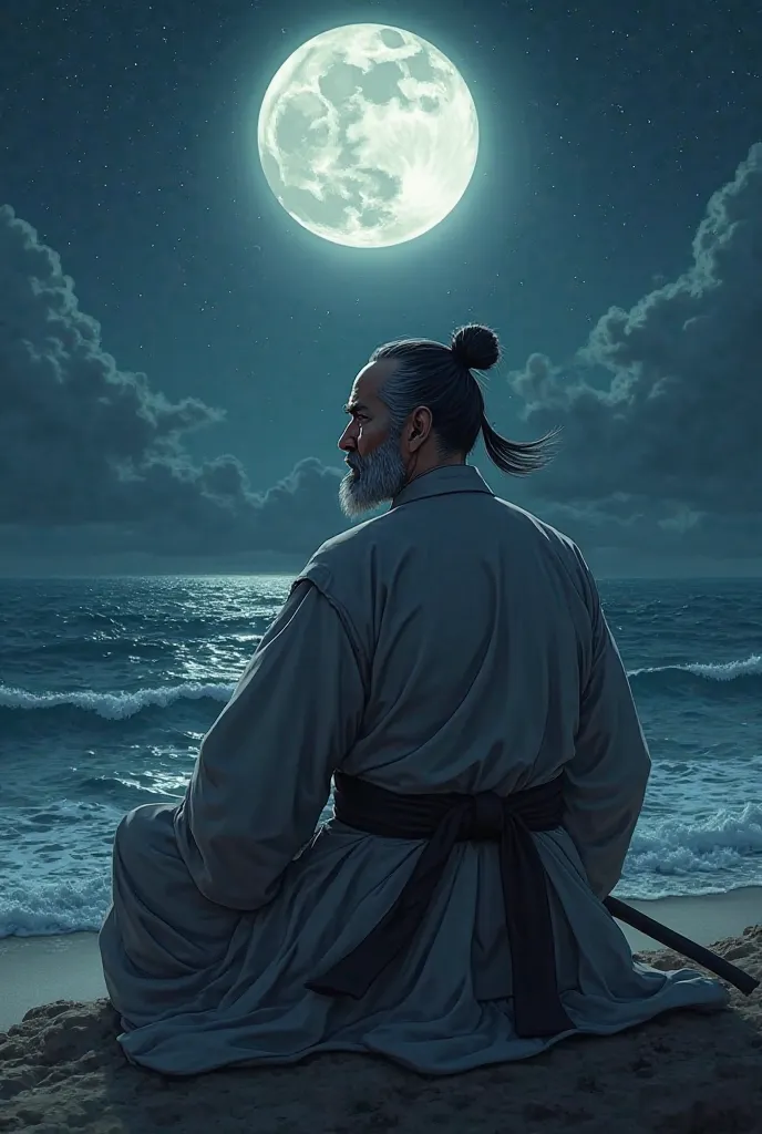 Generate master shifu wears master outfits sit along ocean at night like anime and angry 