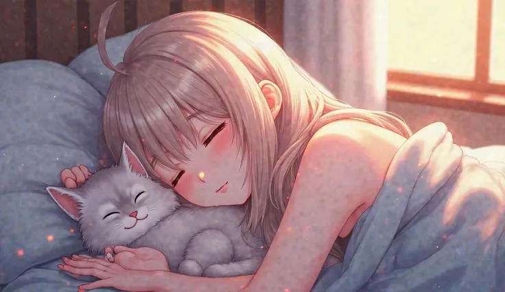 A beautiful anime girl with long, soft hair, peacefully sleeping on a cozy bed. Her face looks calm and relaxed, with gentle breathing. A fluffy white or gray cat is curled up beside her, peacefully purring. The moonlight softly illuminates the room throug...