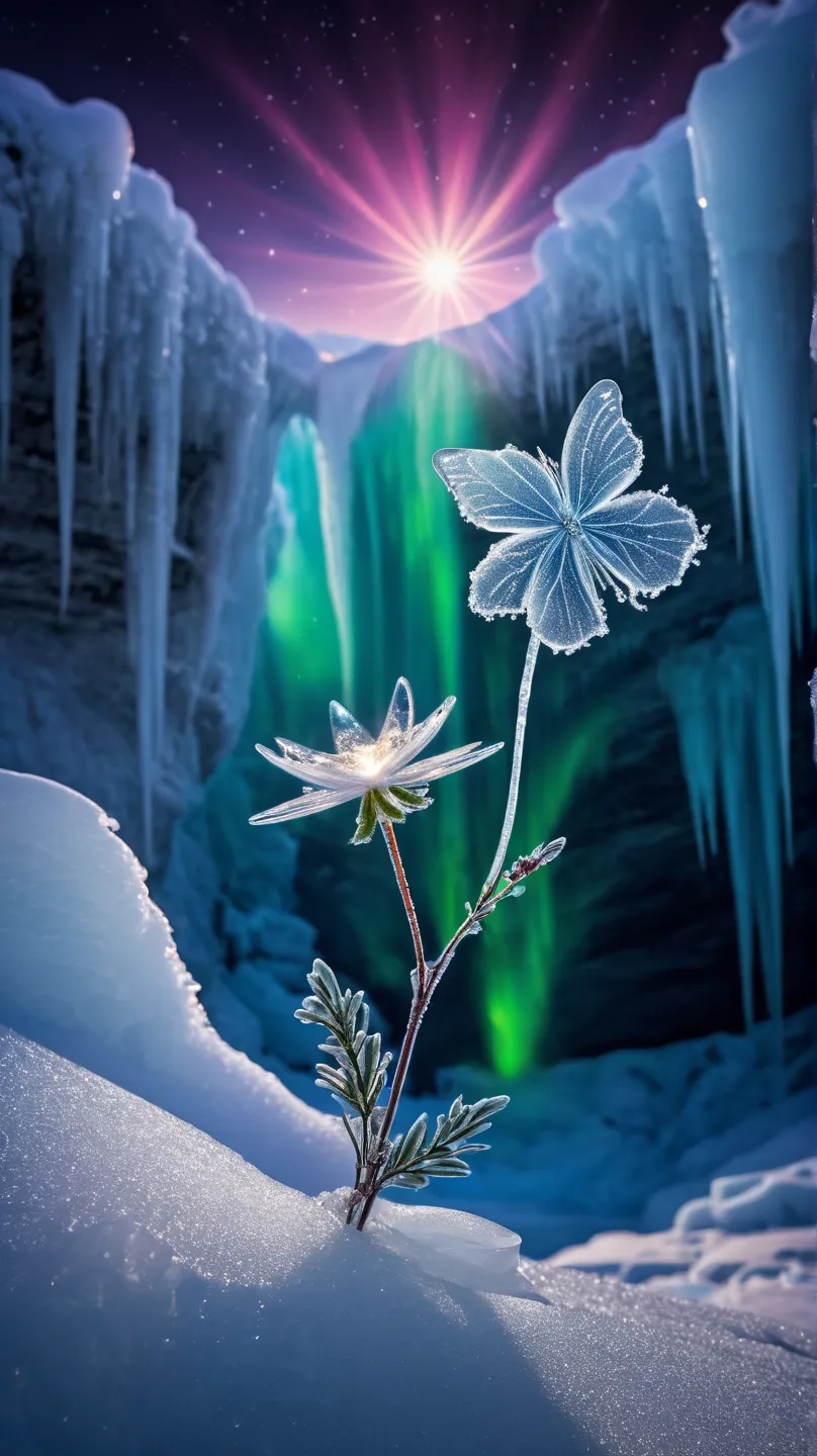 Ice Land、One ice flower is blooming from a rift in the ice、An ice butterfly flying around a flower、 Snowflakes、 auroras、Spotlight、glitter effect to mask,  lens flare, background blur, 