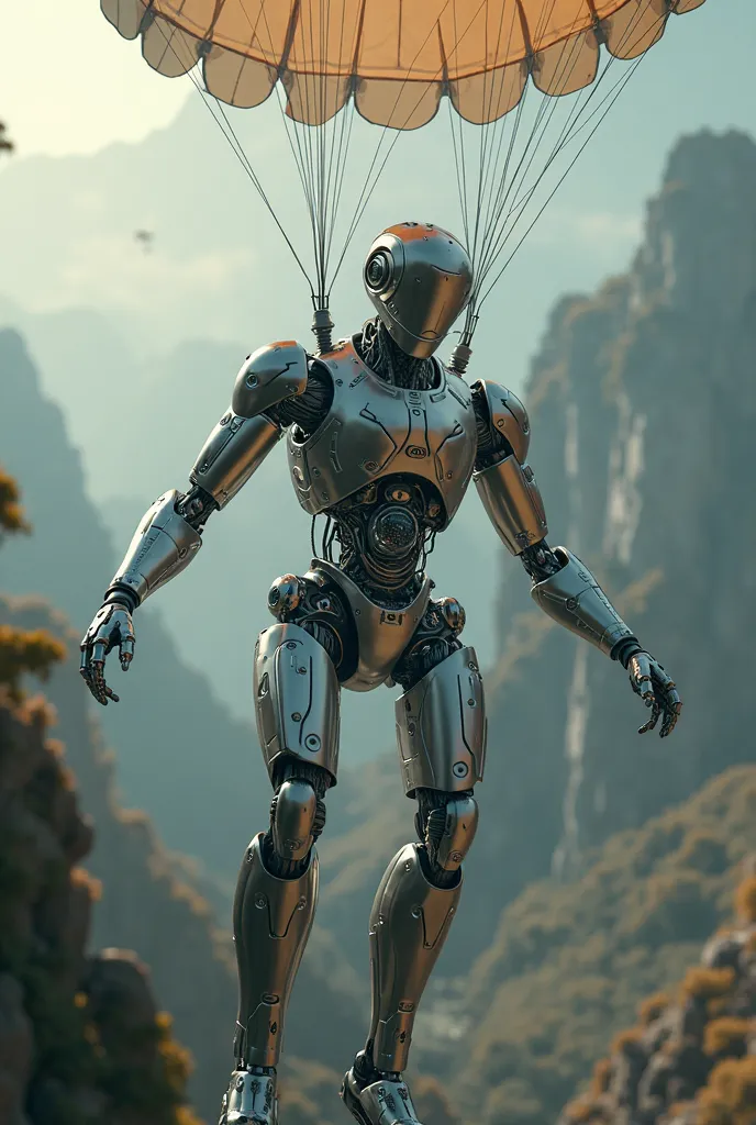 an AI ROBOT, chrome, shiny, floating down in a parachute, cinematic lighting, detailed mechanical parts, complex internal structure, advanced sensors, dynamic pose, photorealistic, 8K, HDR, physically-based rendering, intricate gears and circuits, metallic...