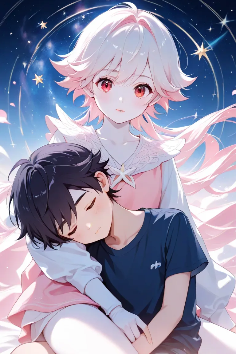 1 boy shota anime , with dark hair, soft white skin , a pair of red eyes , “Masterpiece”, Cute and cool, ôm 1 boy shota anime, hair has 2 shades of pastel pink and blue, eyes as beautiful and mysterious as the Milky Way, with a circular pattern and a five-...