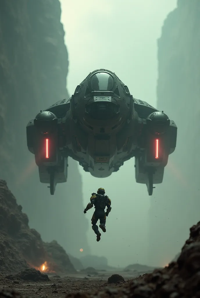 Halo video game, Spartan 117, hovering vtol aircraft and jumping out the open bay door, Pelican D77-TC vehicle, smokey environment, combat environment, alien world battlefield, slight motion blur, slightly out of focus