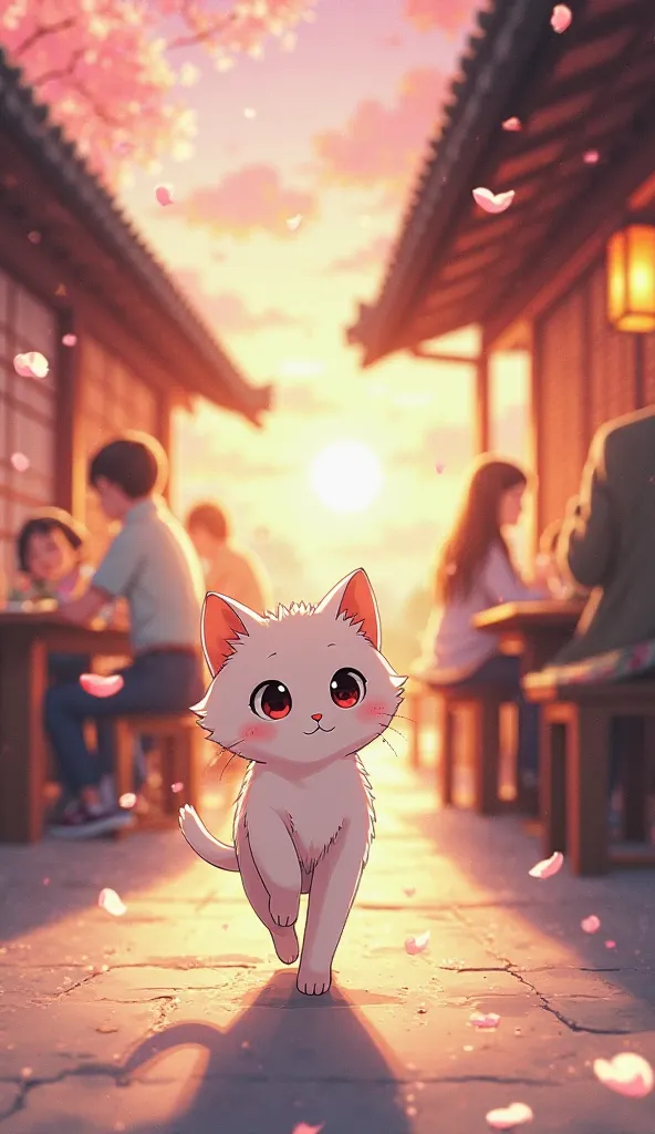 Anime-Style, Small thin white cat, walking from left side to right side of the view, the restaurant and people eating food is background, At dawn