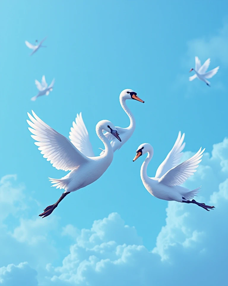 high resolution, quality, high resolutionสุด, โมเดลhigh resolution, Blue-haired blue swans flutter in the blue clouds. Creating a booze, the winged fairy girl flies in pairs with the blue swan..8k