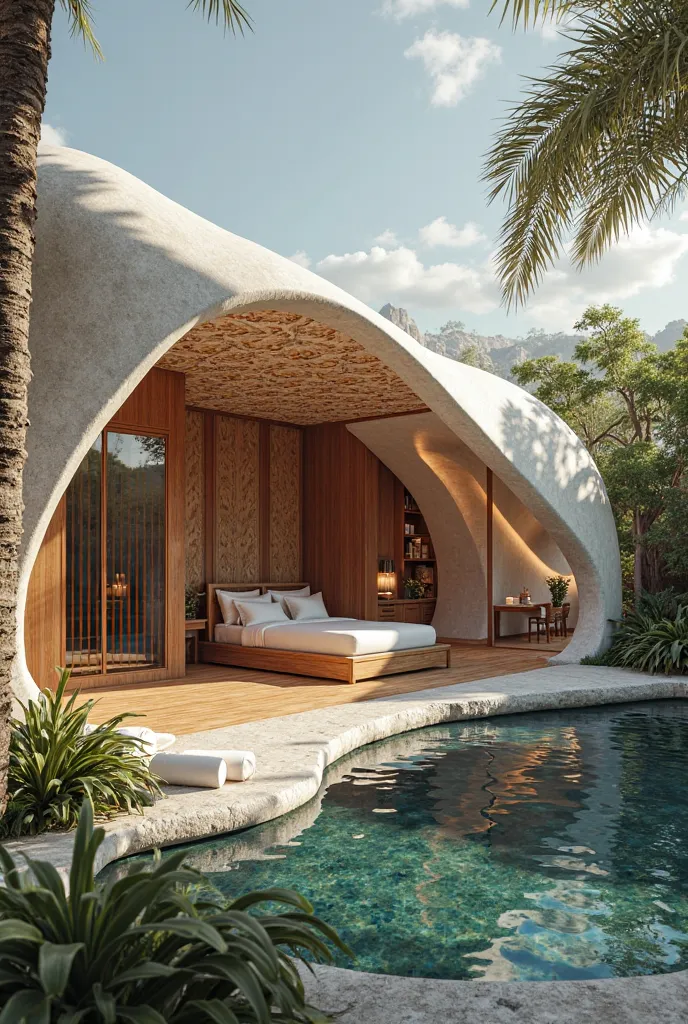 A simple yet luxurious 3D design of a sweet room in a resort, shaped like a fish, with a well-planned landscape exclusively on the not high rise  make it have Ethiopian touch