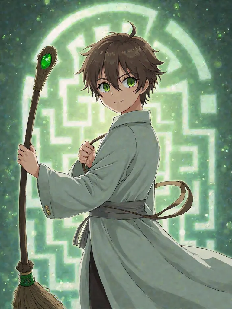 1 man、shortcut, brown hair,  bangs between your eyes, droopy eyes, green eye,  gentle smile,  anime,  anime風,  1 long magic wand ,A cane with a green jewel on the tip, white robe, Broom,Overlooking, Inside the labyrinth,healer