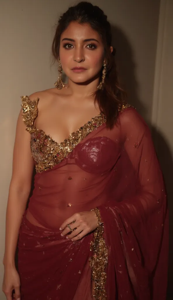 Generate a image of a woman in a maroon translucent saree. The blouse has no sleeves and has a golden satin finish with mirror sequins and shimmering golden design. The woman is giving a sexy, seductive and bold.