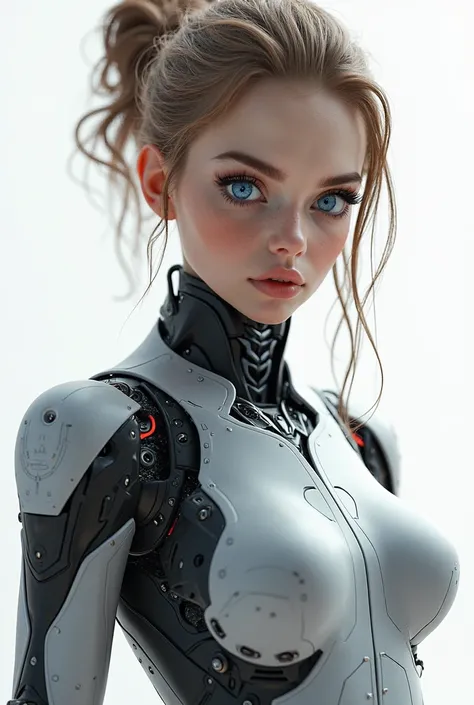 Hyperrealistic of a young woman cyborg with vr bright blue eyes and light brown hair styled in an updo, wearing a sleek, metallic grey and black robotic suit, intricate details, 8k resolution, artstation trending, octane render, cinematic lighting, photore...