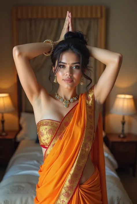 the image is a portrait of a young indian newlyweds woman her figure is curvy, sexy and erotis sensual. posing in a traditional indian outfit. she is wearing a colourful cotton saree with a gold border and a matching strapless bra. remember the bra should ...