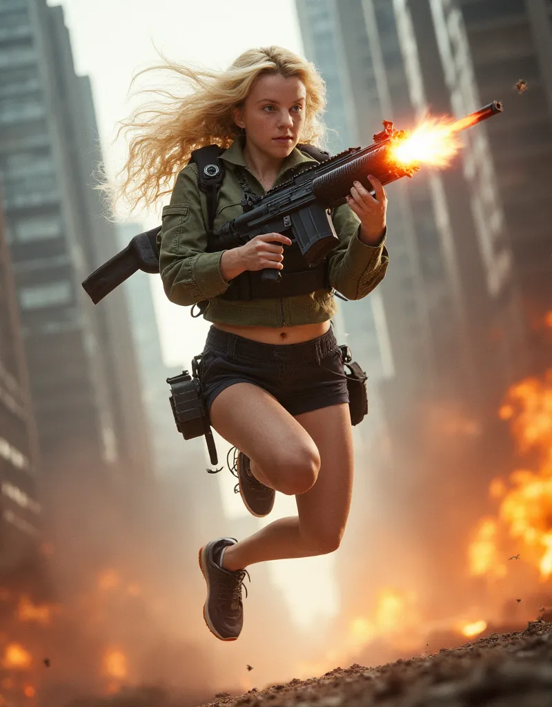 A dynamic and intense action scene featuring a young woman leaping through a futuristic city engulfed in chaos and explosions. She is wearing a stylish cargo jacket, tactical shorts, and athletic sneakers. Her hair flows dramatically as she wields an advan...