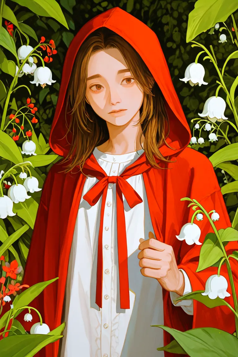 12years old ( (boy) ) with brown hair, warning a red riding hood robe, and a bill nekckles, a background of plants, with few lilies of the valley flowers, and tiny red flowers short, hair and both wearing only white shirt, sketchy, dream aesthetic.