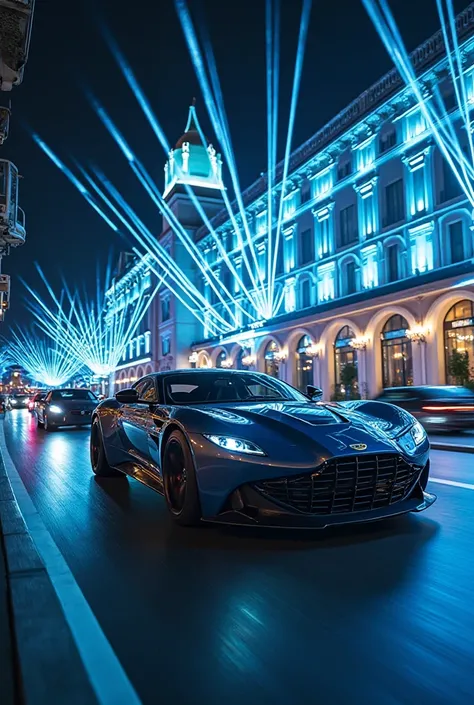 A video of luxurious cars moving in a fancy luxurious hotel at night with blue laser 
lights on 