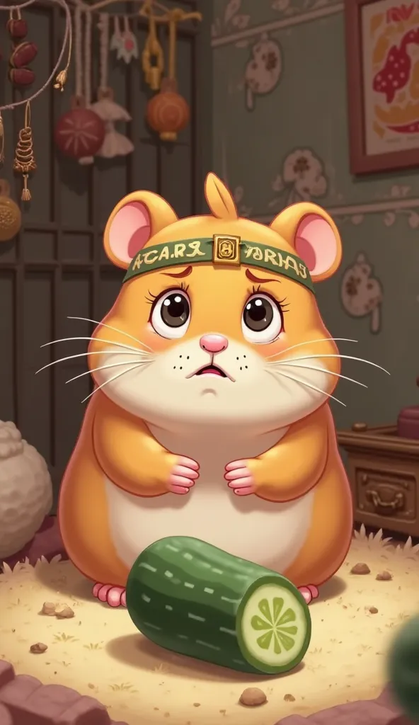 A cartoon-style hamster named Takeshi, with a small samurai headband, sitting in his luxurious cage with a sad, betrayed expression. His tiny eyes are wide and filled with sorrow, his ears drooping slightly, and his whiskers pointed downward. The cucumber ...