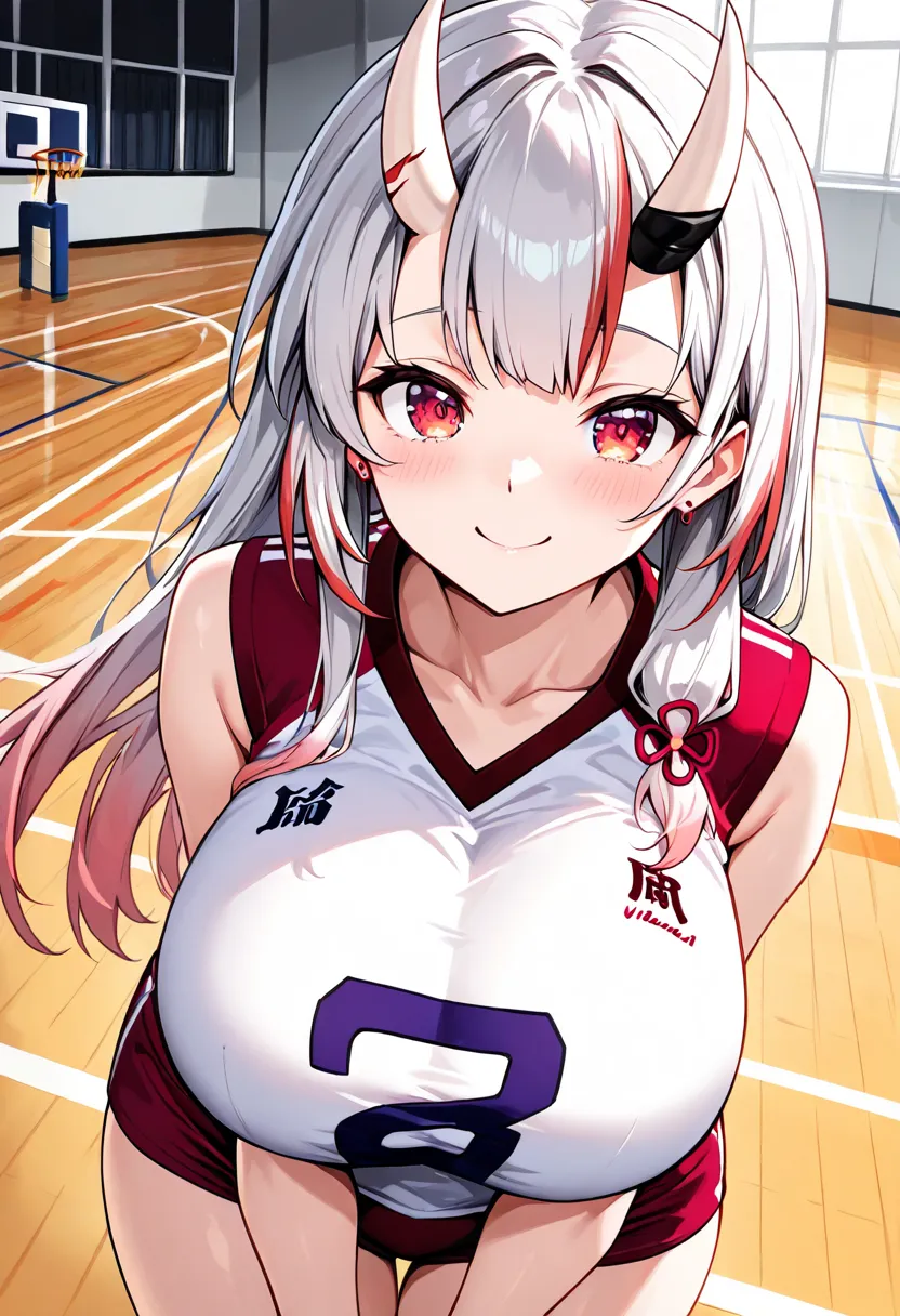 (Highest quality , 8k , masterpiece , incredibly absurdres , perfect body , super detailed skin , highly detailed eyes and face , 1 woman ) ,  nakiri ayame , Silver Hair , red eyes , demon horn , smile ,  will be happy , ( Volleyball Jersey , gym : 1.2 ) ,...