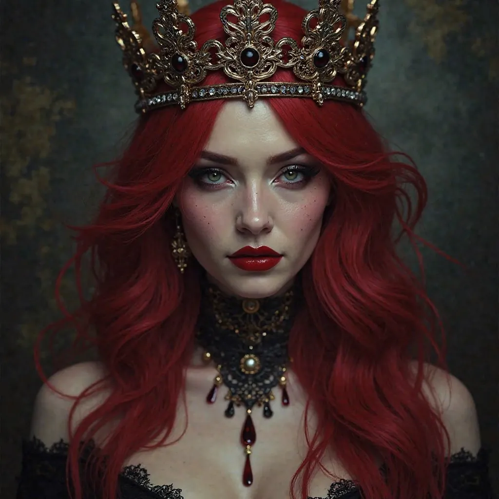 Femme vampire au cheveux rouge avec une couronne et des canines pointues