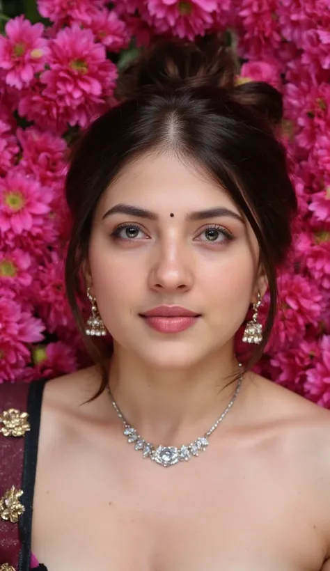 extreme close up photo of indian, orgasm, lying on pink flower garden, seductive eyes, look at viewer and smile, necklace, red lips, saree, sultry, ponytail, (cinematic:1.3), intricate details, (ArtStation:1.2)