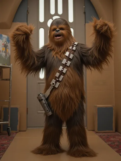 "Create an image of a DIY Chewbacca cosplay in the style of low-budget fan film. The person should be wearing a simple brown furry costume made from what looks like shaggy carpet or mop heads, with visible stitching. They should be standing in front of car...