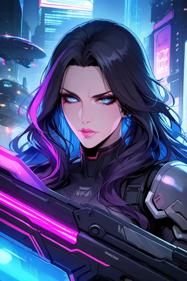 A full-body portrait of a stunning female with cold expression soldier in a cyberpunk setting carrying a futuristic gun. She wears high-tech, tactical soldier attire fitted for a futuristic battlefield, featuring sleek armored plating with glowing neon blu...