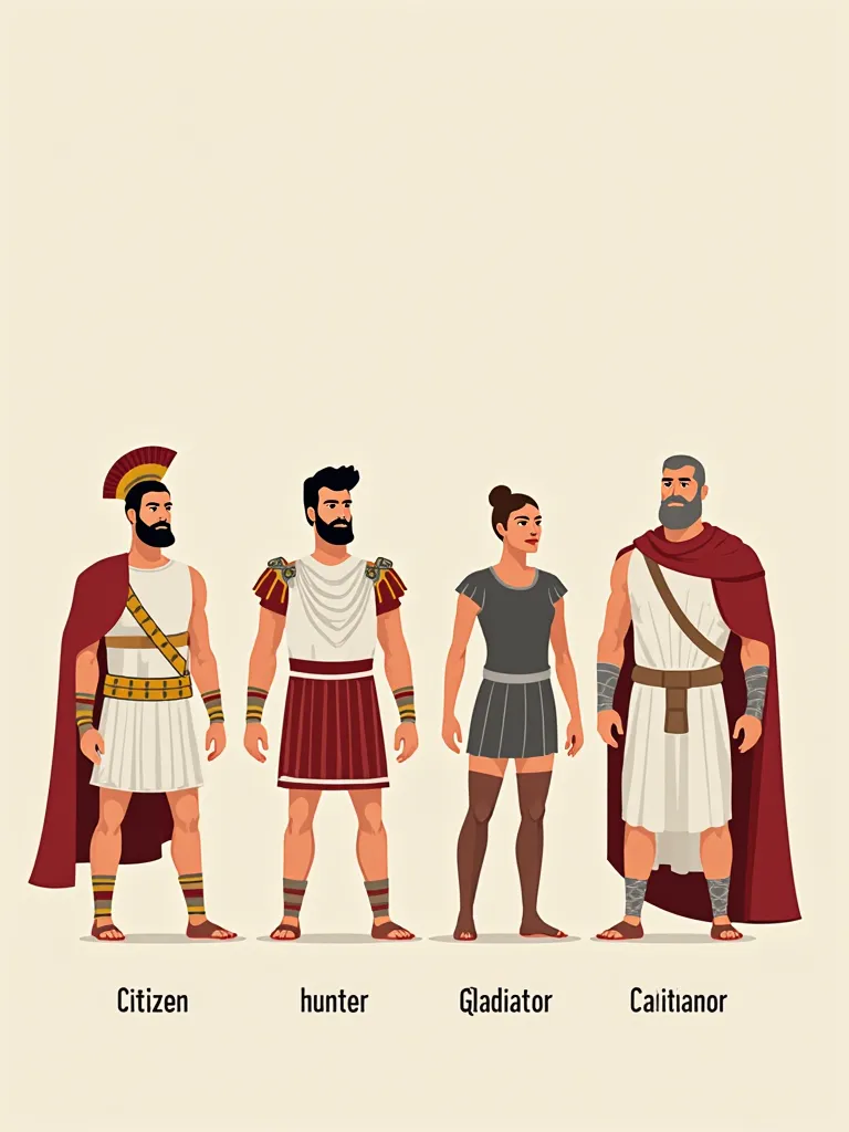 Generates an image showing the different categories of citizens in the Roman Empire. I want you to add a separation for each citizen. At the top of the image, I want it to say "CITOYENNETE ROMAINE". I want a citizen (with "CITOYEN" underneath), a hunter (w...